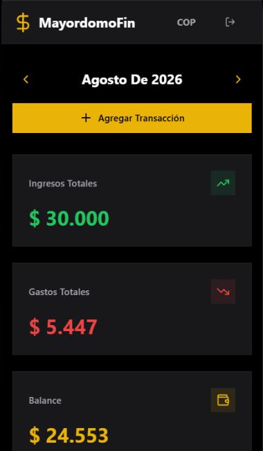 Panel principal — Ingresos, gastos y balance del mes en una sola pantalla.