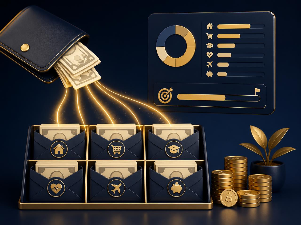 Salario distribuido automáticamente en seis compartimentos con panel de categorías, metas y ahorro